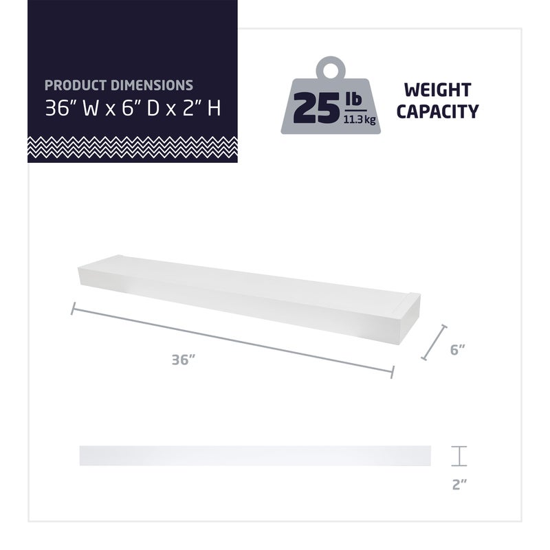 HIGH & MIGHTY 515613 Modern 36" Floating Shelf Holds up to 25lbs, Easy Tool-Free Dry Wall Installation, Flat, White - Image 3